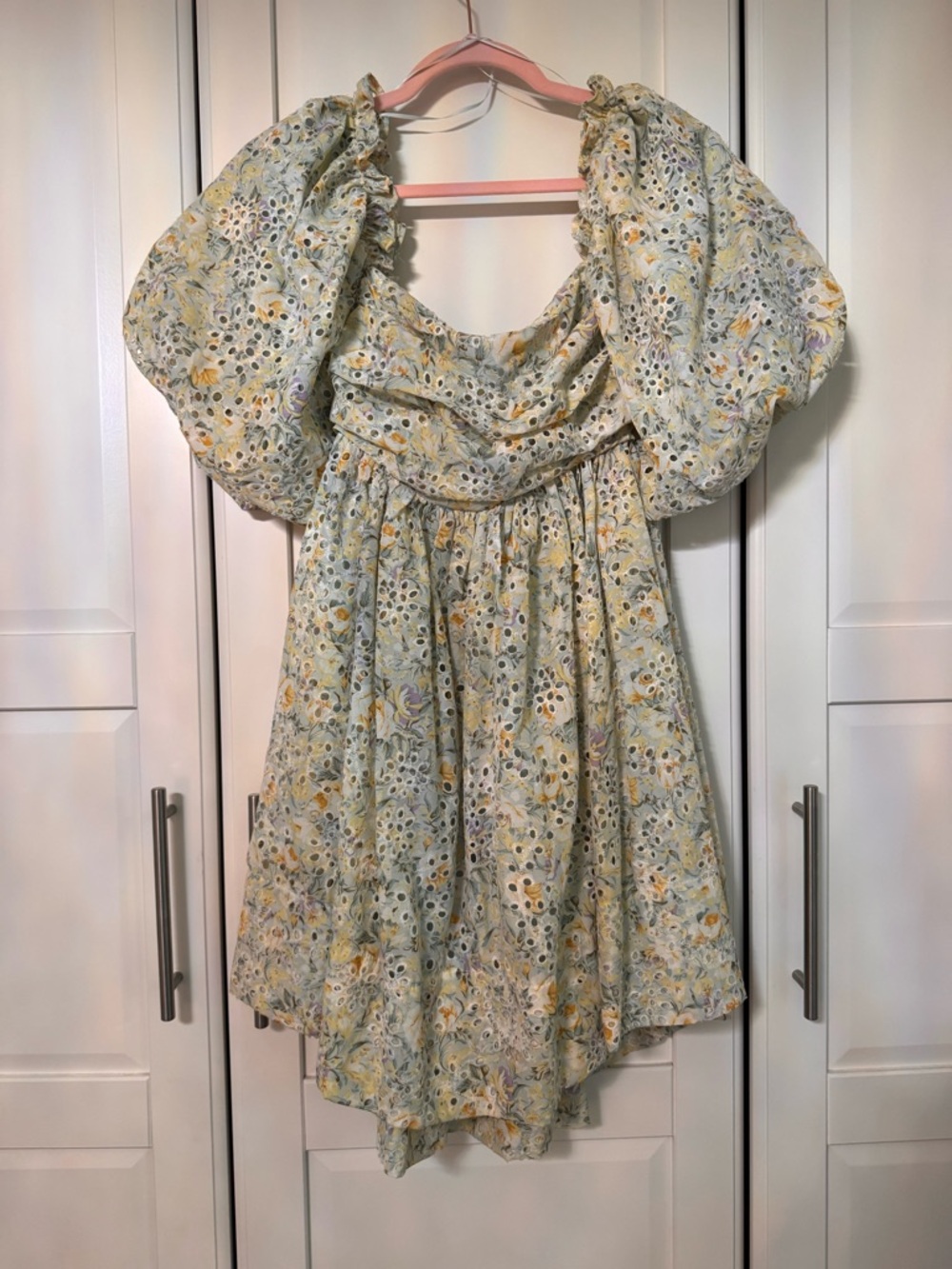✨ Mable Floral Eyelet Puff Sleeve Mini Dress Cottagecore Bow Back Size M ✨